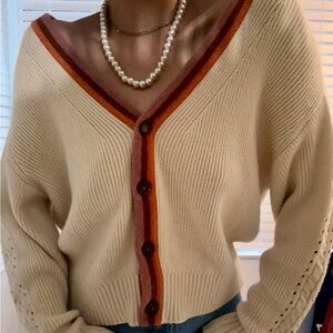 Marine Layer Cream Cardigan with Brown and Orange Trim